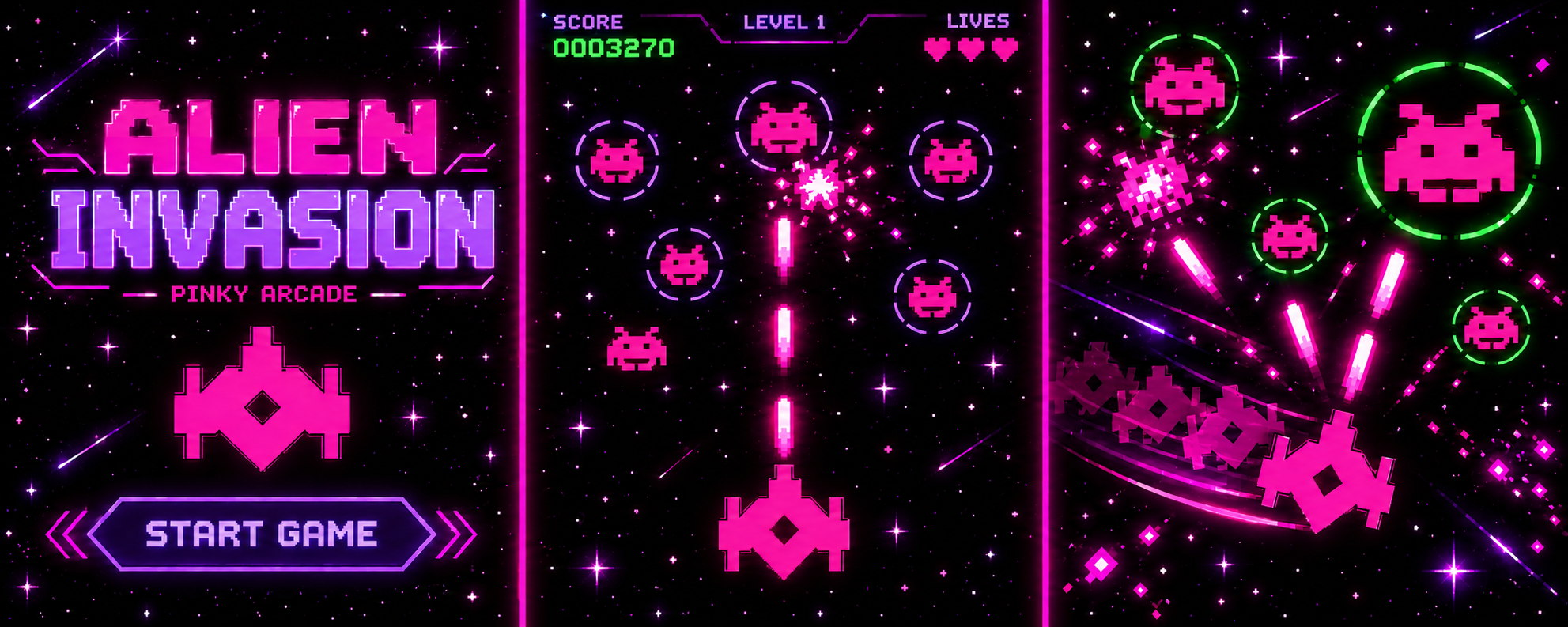 Three-panel ALIEN INVASION showcase with title screen, arcade combat and a pink spacecraft in motion.